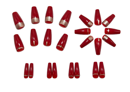 Burgundy Press On Nails Coffin Glossy Fall Nails Gold Accent Classy Wedding Fake Nails Reusable 22