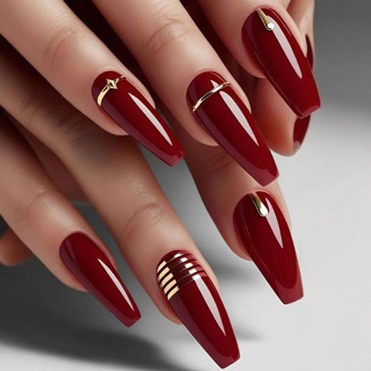 Burgundy Press On Nails Coffin Glossy Fall Nails Gold Accent Classy Wedding Fake Nails Reusable 22