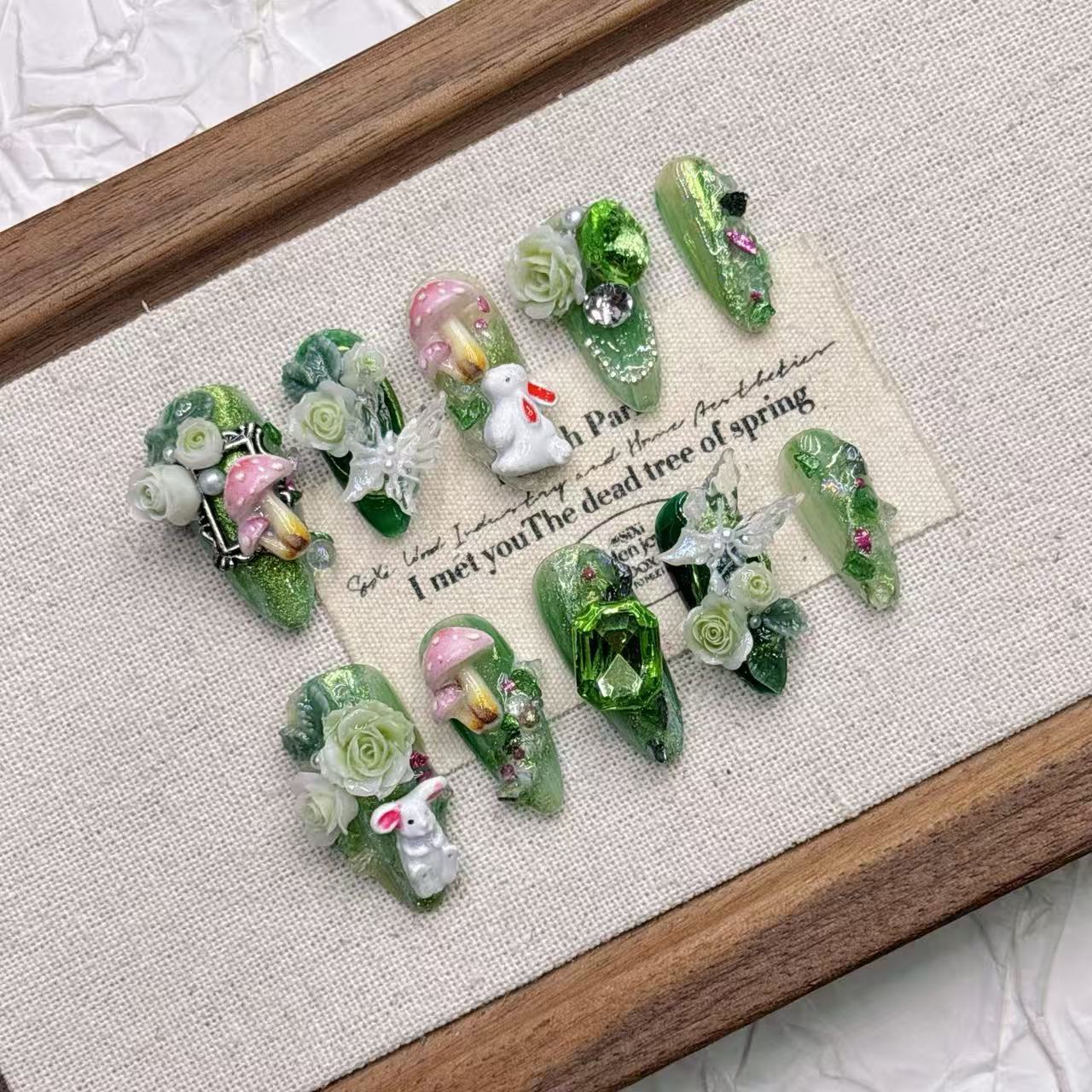 Forest Fairy Press-On Nails – Mint Green Cat Eye Almond Nails | 3D Bunny, Mushroom & Floral Reusable Nail Set 257