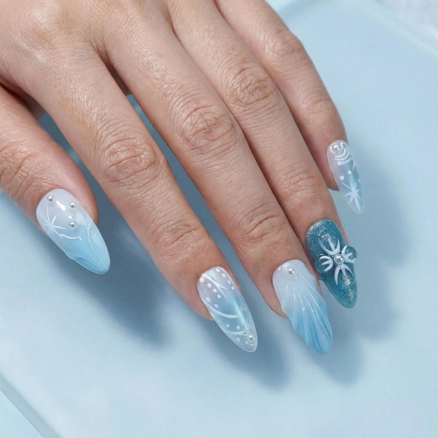 Ice Blue Gradient Press On Nails – Almond Shape Butterfly Pearl Glossy Reusable Acrylic Nails 135