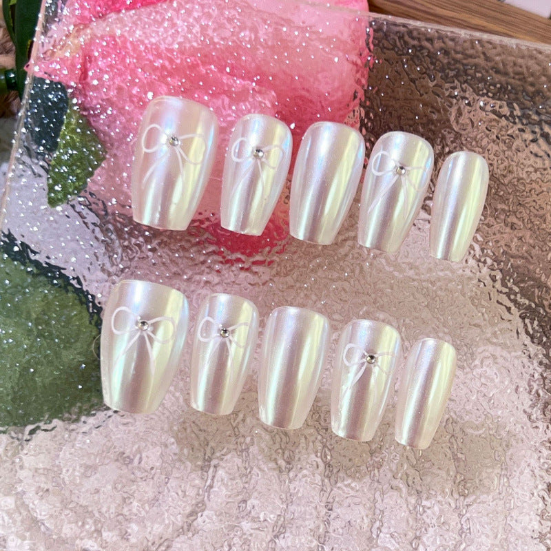 Peach Aurora Bow Press-On Nails – Glass Pearl Gradient Squoval Nails | Minimal Bow Detail Reusable Nail Set 270