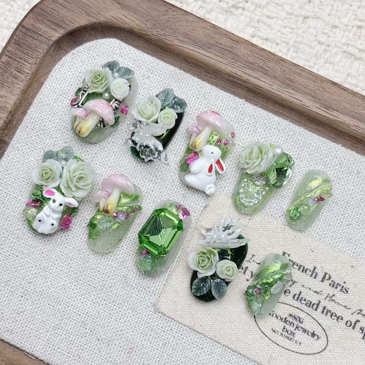 Forest Fairy Press-On Nails – Mint Green Cat Eye Almond Nails | 3D Bunny, Mushroom & Floral Reusable Nail Set 257