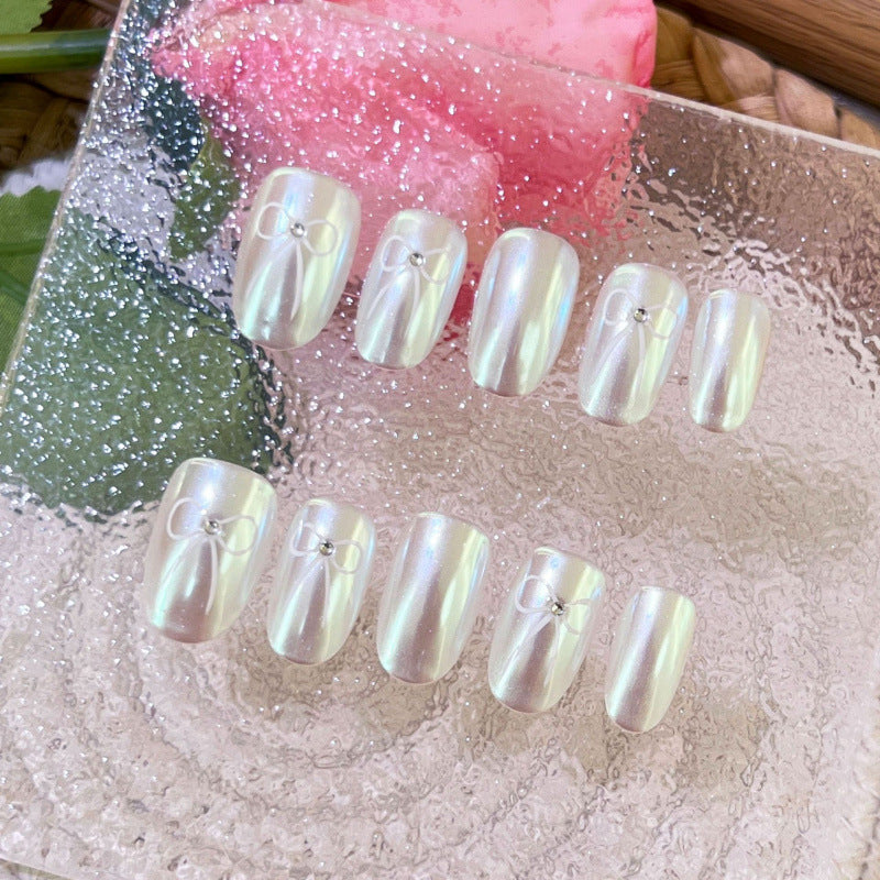 Peach Aurora Bow Press-On Nails – Glass Pearl Gradient Squoval Nails | Minimal Bow Detail Reusable Nail Set 270