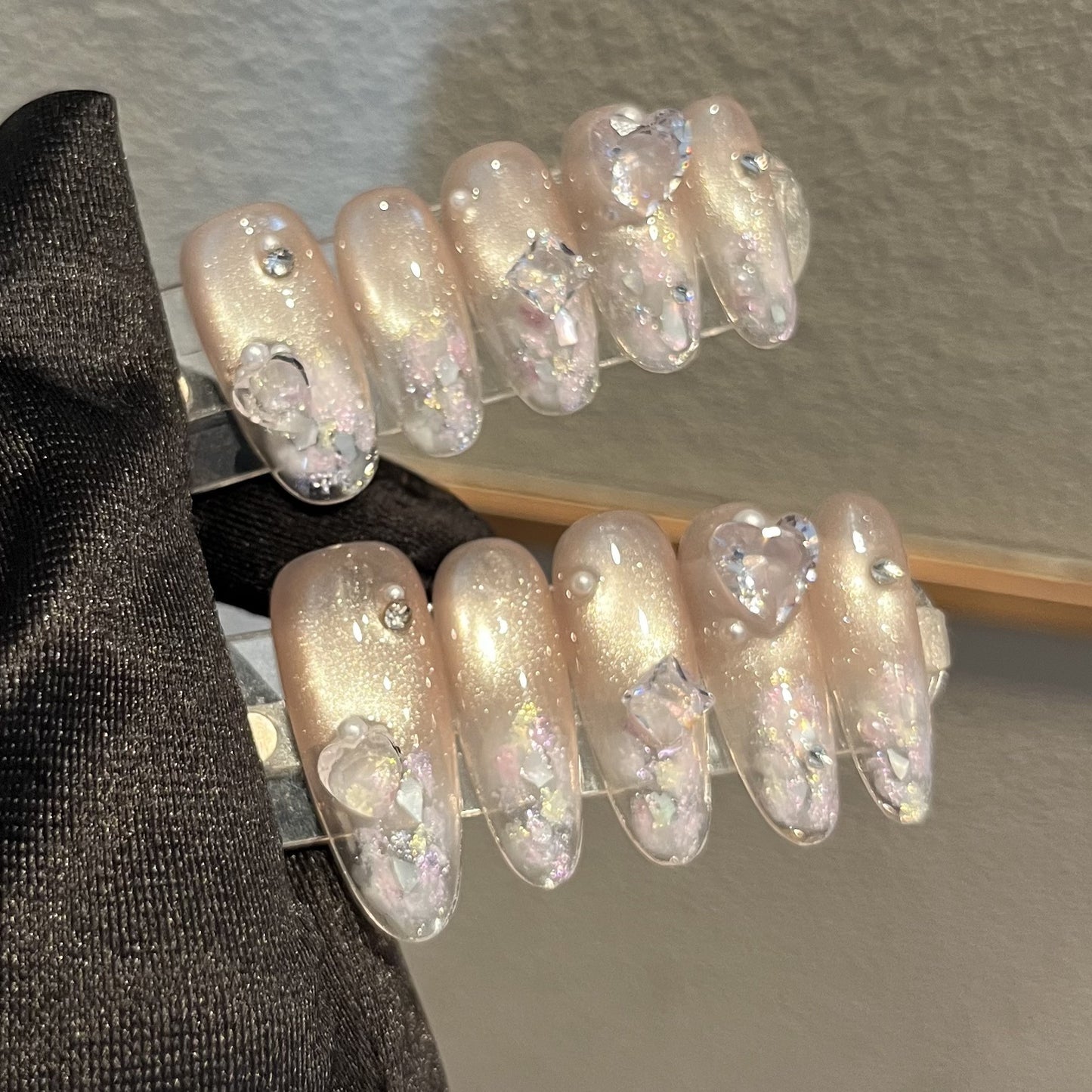 Champagne Glitter Press-On Nails – Oval, Squoval & Stiletto Shape Options with Pearl & Heart Crystal Embellishments | Luxury Reusable Nail Set 289