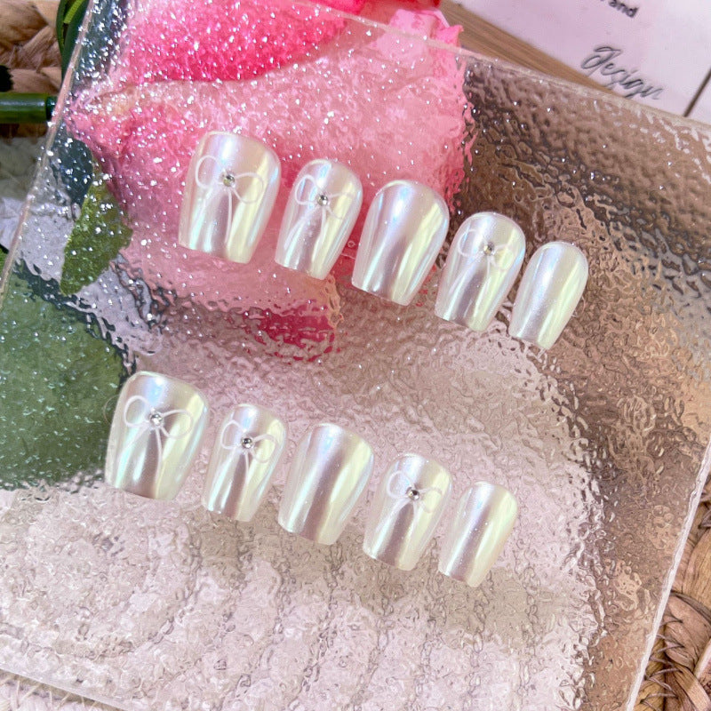 Peach Aurora Bow Press-On Nails – Glass Pearl Gradient Squoval Nails | Minimal Bow Detail Reusable Nail Set 270