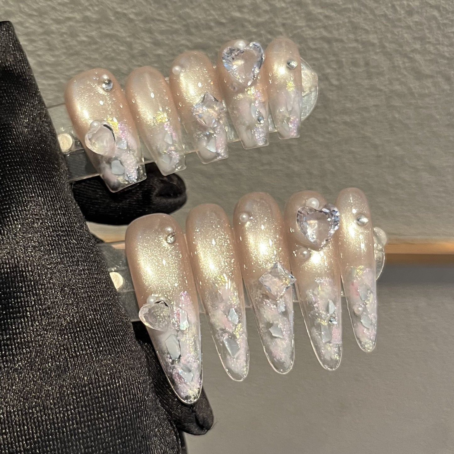 Champagne Glitter Press-On Nails – Oval, Squoval & Stiletto Shape Options with Pearl & Heart Crystal Embellishments | Luxury Reusable Nail Set 289