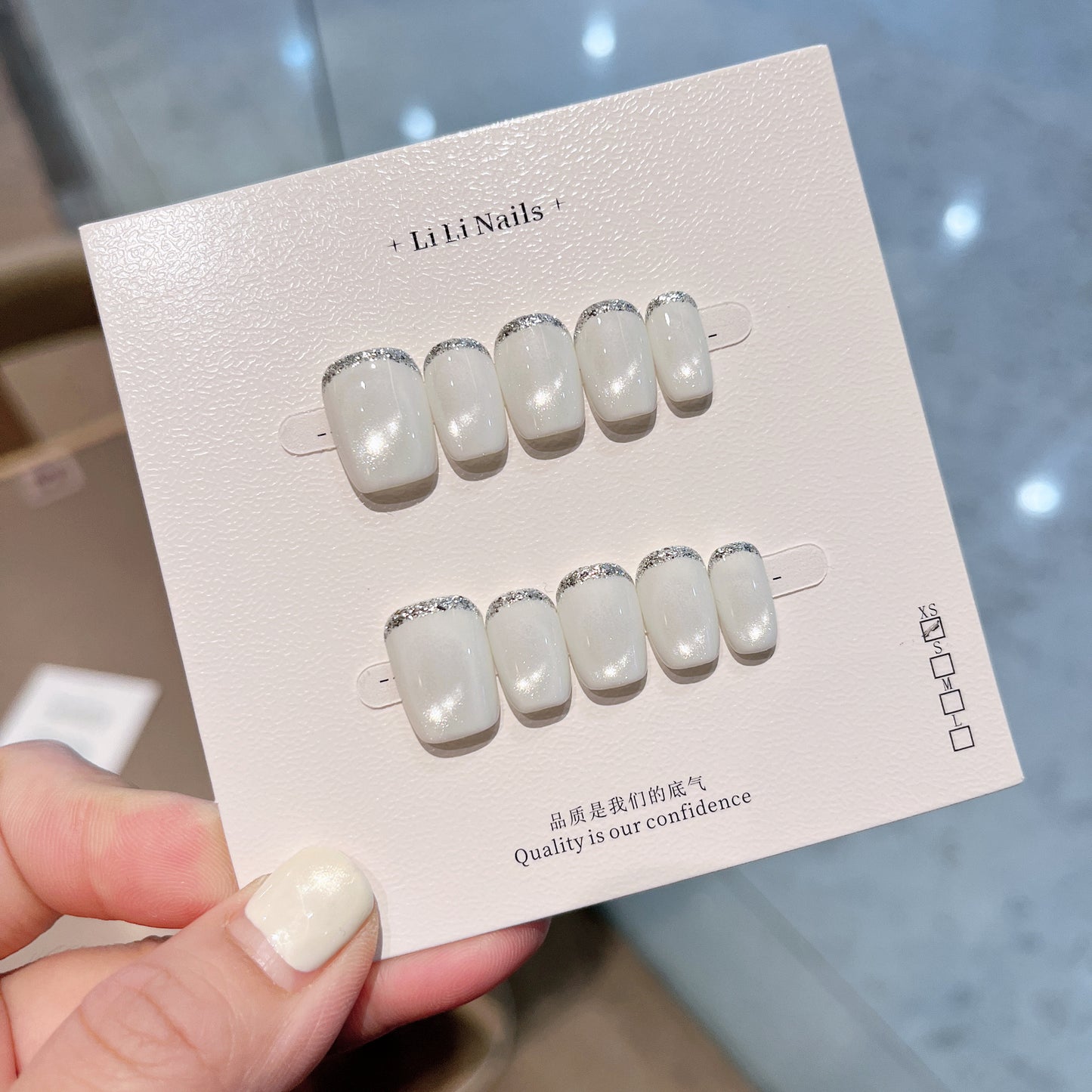 Milky Beige French Press-On Nails – Medium Squoval Nails with Silver Glitter Edge Detail | Minimal Luxury Reusable Nail Set 300