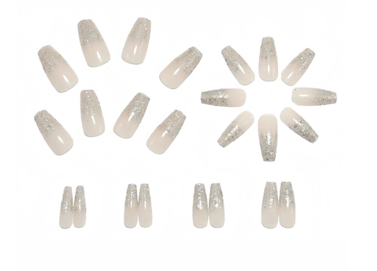 Nude French Tip Press On Nails Glitter Ombre Squoval Classy Wedding Natural Look Reusable Nails 22