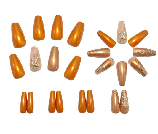 Gold Cat Eye Press On Nails Glitter Metallic Ombre Luxury Floral Design Classy Wedding Reusable Nails 22