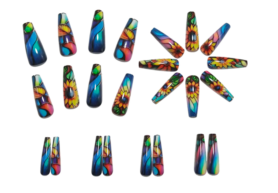 Stained Glass Press On Nails Sunflower Floral Colorful Art Squoval Nails Aesthetic Festival Reusable Set 22