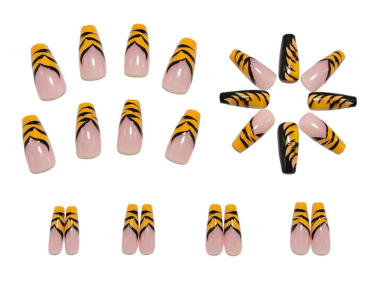 Tiger Print Press On Nails French Tip Nude Black Y2K Baddie Nails Glossy Animal Print Reusable Set 22
