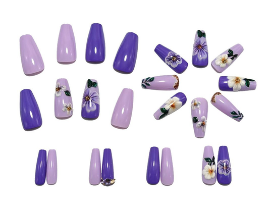 Floral Press On Nails Purple Daisy Flower Gold Accent Glossy Spring Wedding Classy Reusable Nails Set 22