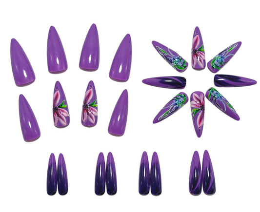 Purple Stiletto Press On Nails Orchid Floral Design Dark Aesthetic Gothic Luxury Reusable Nails Set 22