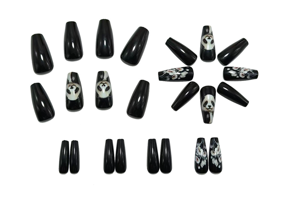Black Press On Nails Panda Floral Design Cute Edgy Aesthetic Nails Squoval Glossy Reusable Nail Set 22