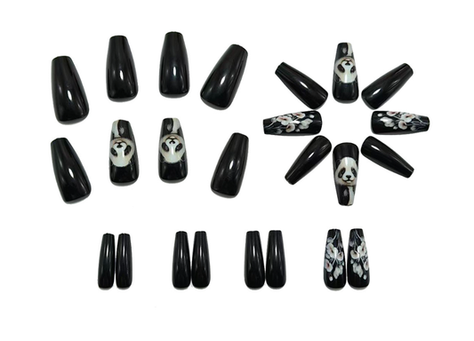 Black Press On Nails Panda Floral Design Cute Edgy Aesthetic Nails Squoval Glossy Reusable Nail Set 22